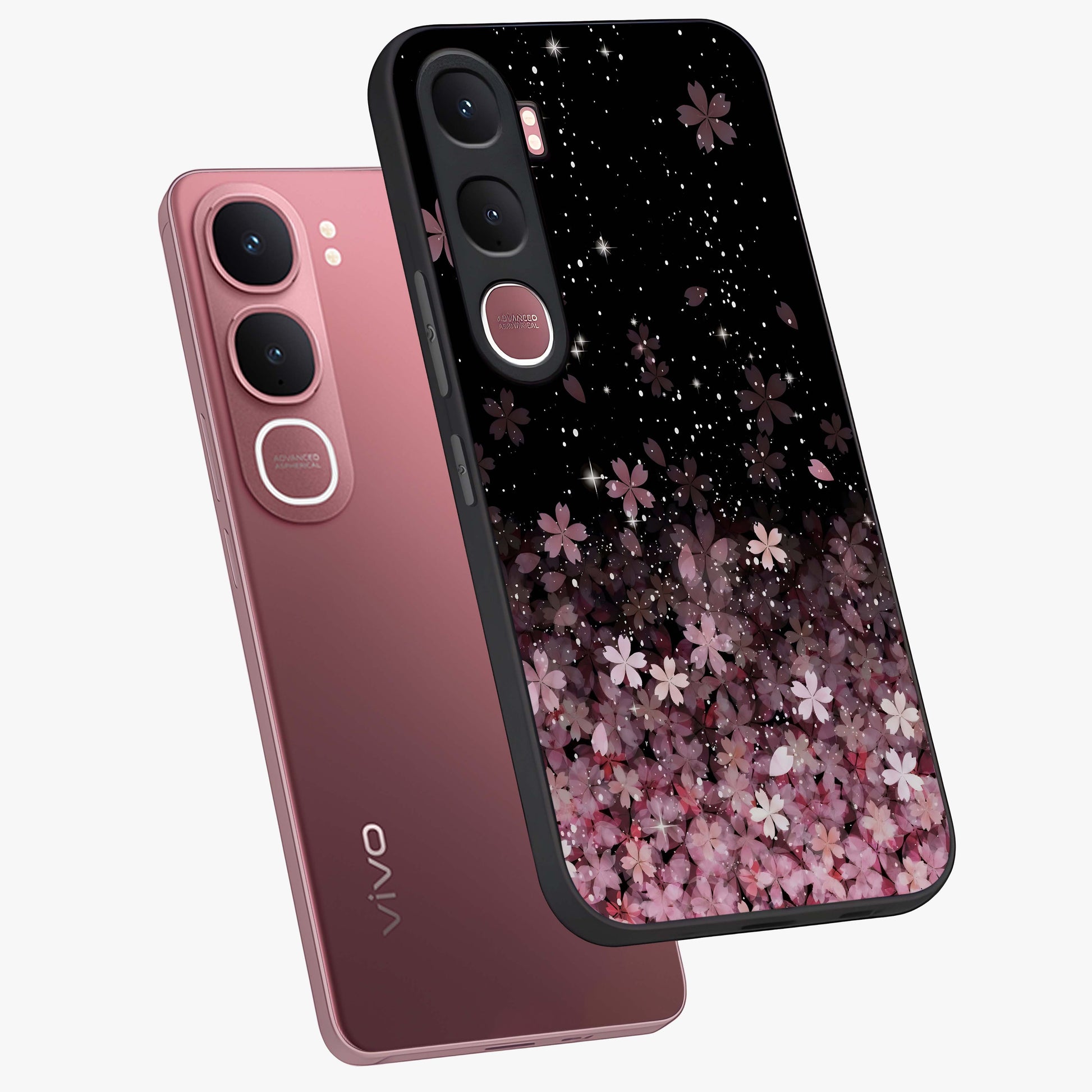 Small Starry Flowers Glass Case displayed in angled mockup highlighting tiny flower pattern with celestial aesthetic style.