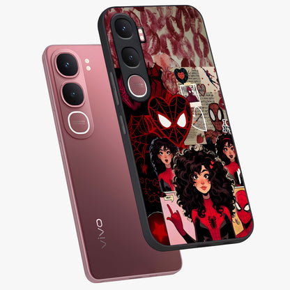 Spider Love Story Glass Case displayed in angled mockup highlighting expressive comic inspired design with playful aesthetic.