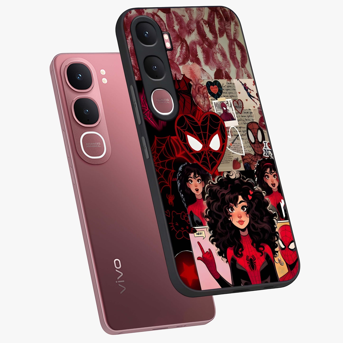 Spider Love Story Glass Case displayed in angled mockup highlighting expressive comic inspired design with playful aesthetic.
