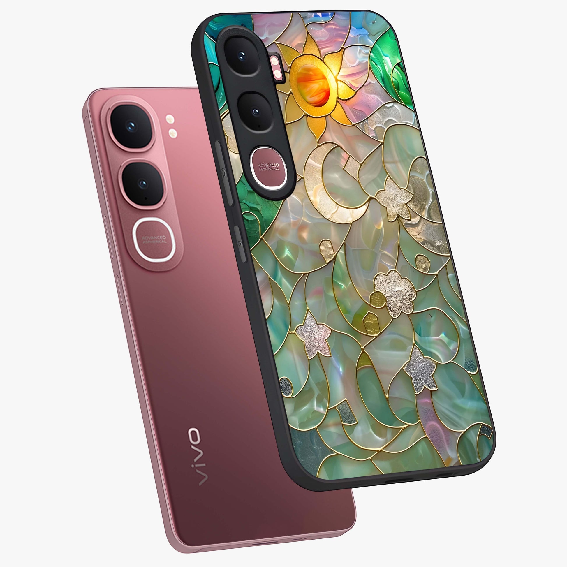 Stained Sunrise Glow Glass Case displayed in angled mockup highlighting radiant sunrise design with artistic aesthetic style.