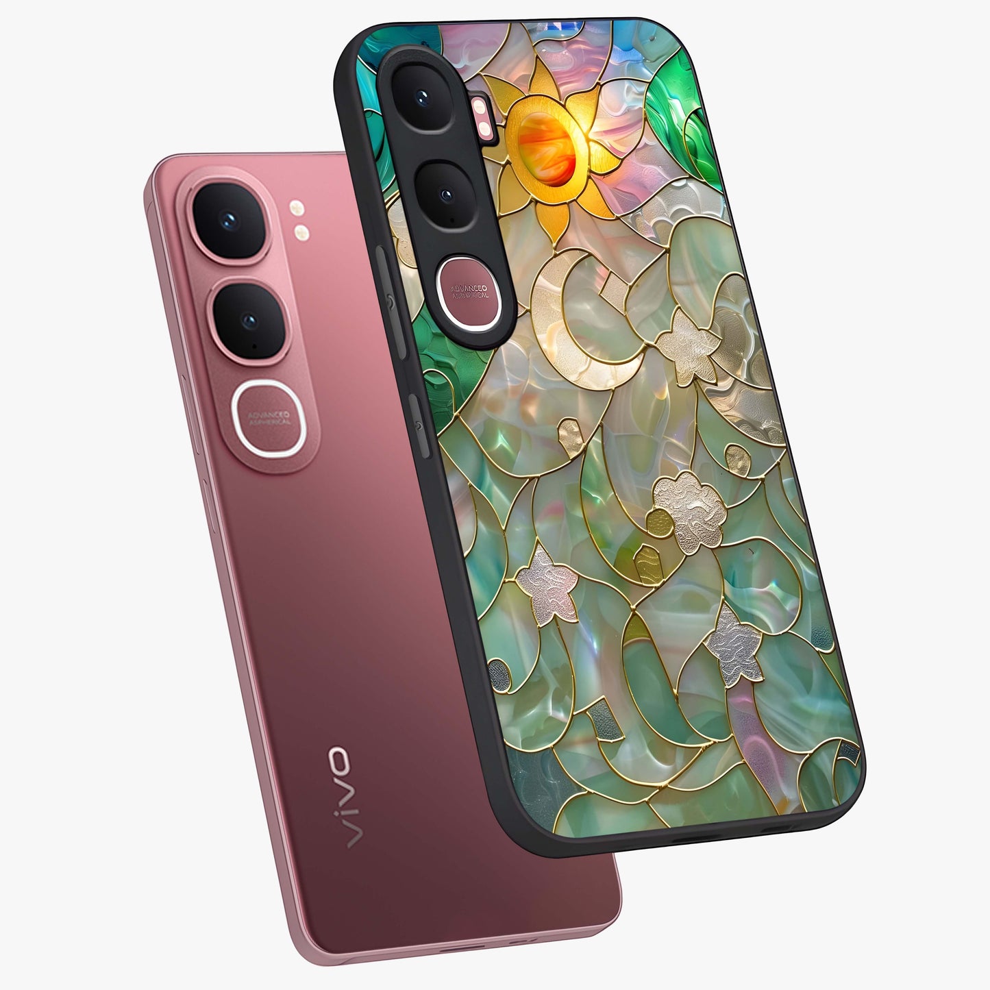 Stained Sunrise Glow Glass Case displayed in angled mockup highlighting radiant sunrise design with artistic aesthetic style.