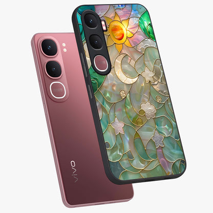 Stained Sunrise Glow Glass Case displayed in angled mockup highlighting radiant sunrise design with artistic aesthetic style.