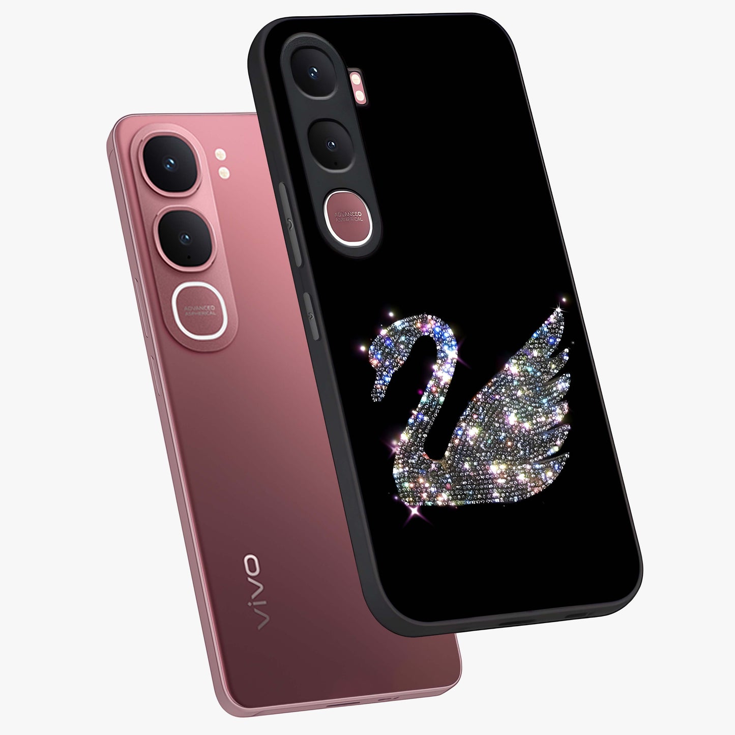 Starlit Swan Grace Glass Case displayed in angled mockup highlighting elegant swan illustration with dreamy celestial aesthetic.