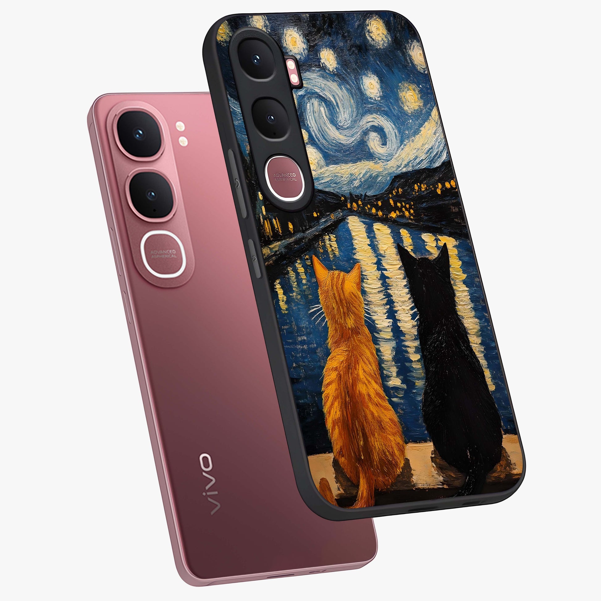 Starry River Cats Glass Case displayed in angled mockup highlighting charming feline illustration with dreamy night aesthetic.