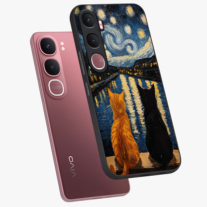 Starry River Cats Glass Case displayed in angled mockup highlighting charming feline illustration with dreamy night aesthetic.