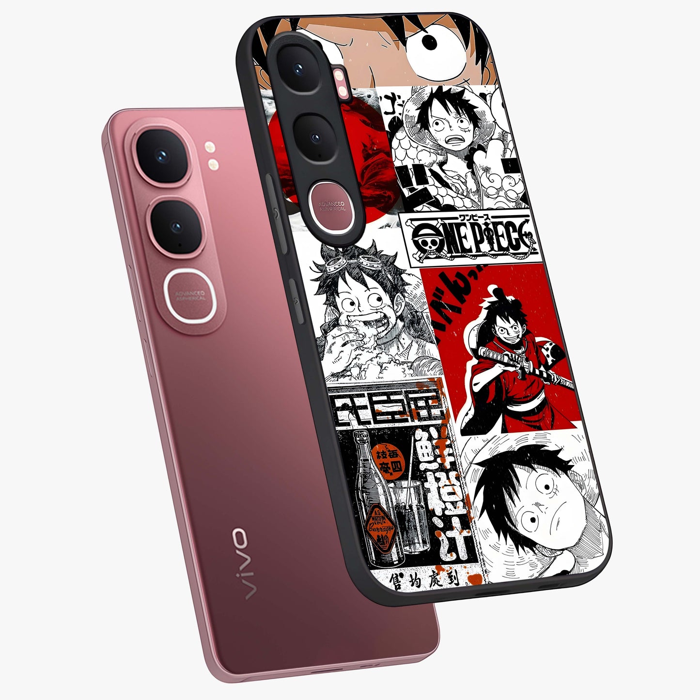 Strawhat Chaos Panels Glass Case displayed in angled mockup highlighting vibrant anime collage design with action aesthetic.