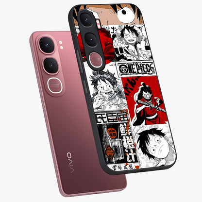 Strawhat Chaos Panels Glass Case displayed in angled mockup highlighting vibrant anime collage design with action aesthetic.