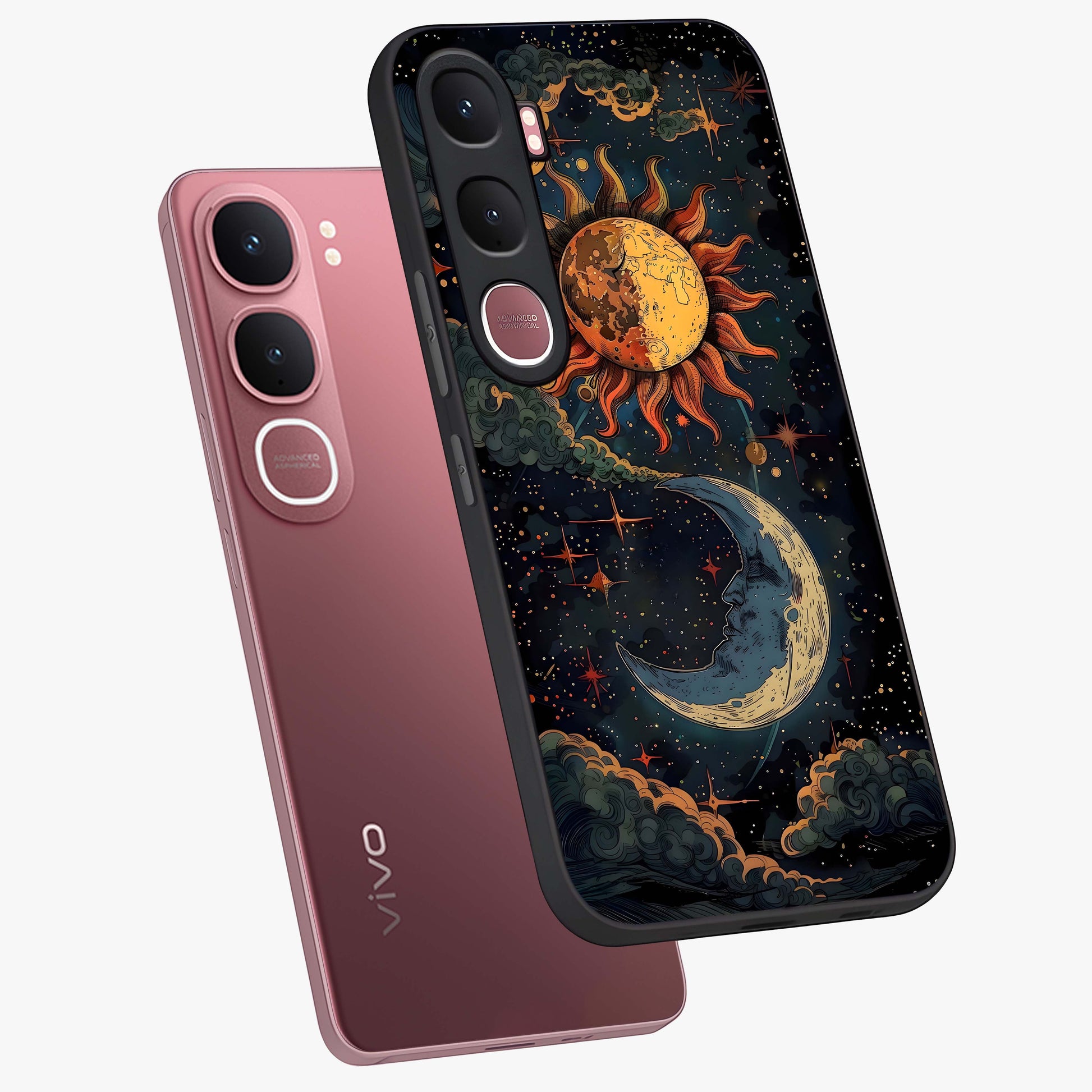 Sun And Moon Magic Design Glass Case displayed in angled mockup highlighting celestial design with magical cosmic aesthetic.