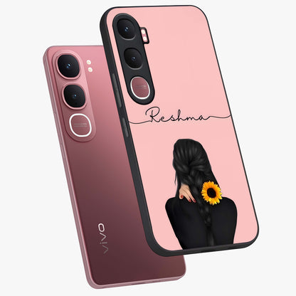 Sunflower Braid Beauty With Custom Name Glass Case displayed in angled mockup highlighting elegant sunflower design with custom name feature.