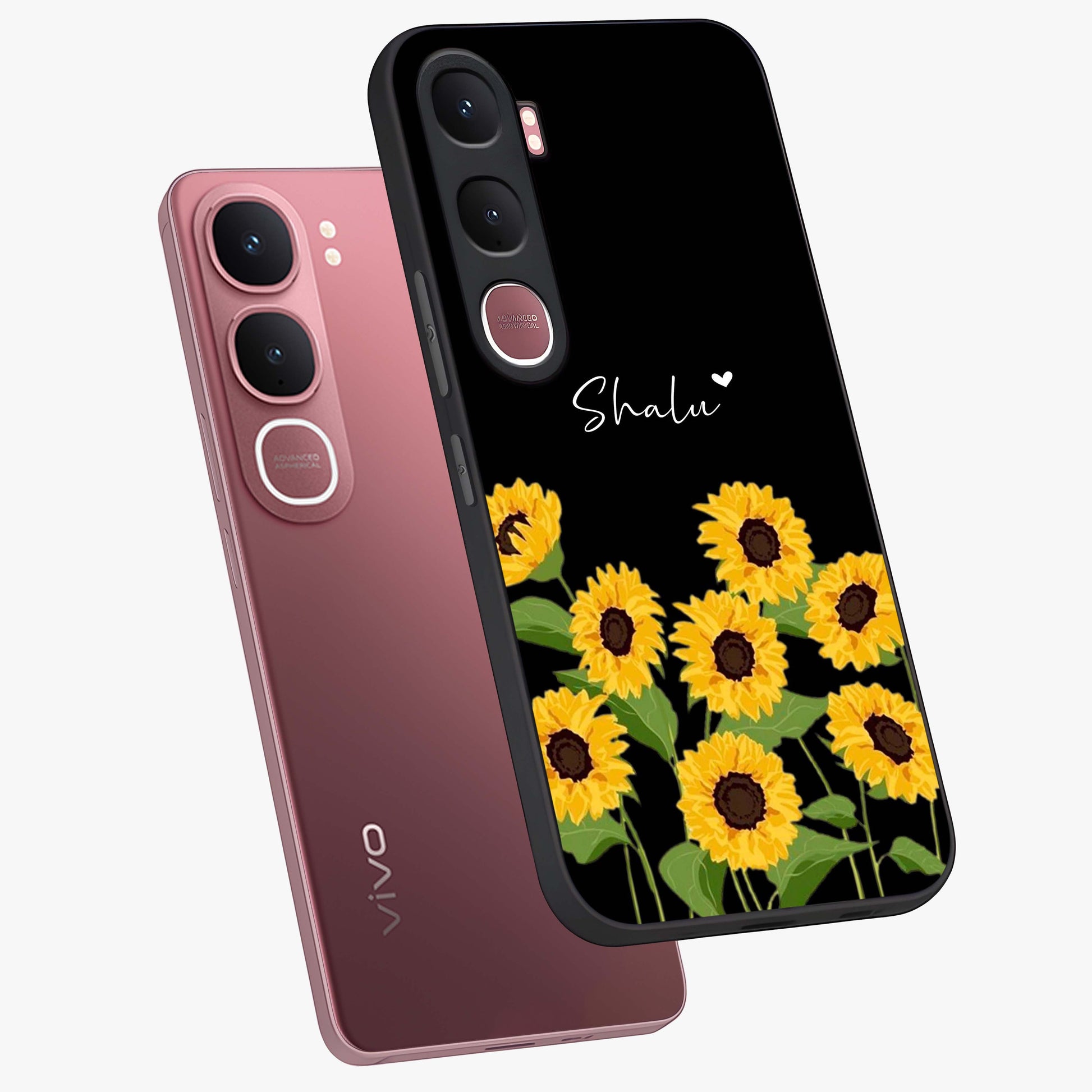 Sunflower Chic Mood Custom Name Glass Case displayed in angled mockup highlighting vibrant sunflower design with custom name feature.