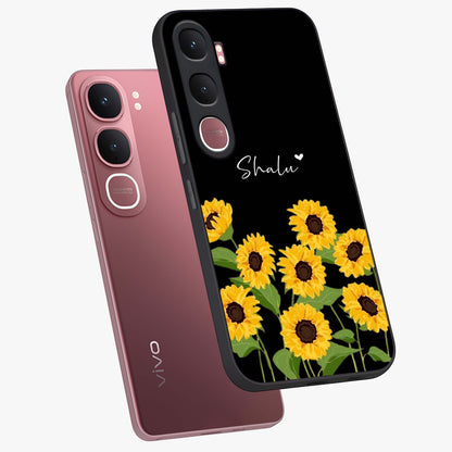 Sunflower Chic Mood Custom Name Glass Case displayed in angled mockup highlighting vibrant sunflower design with custom name feature.