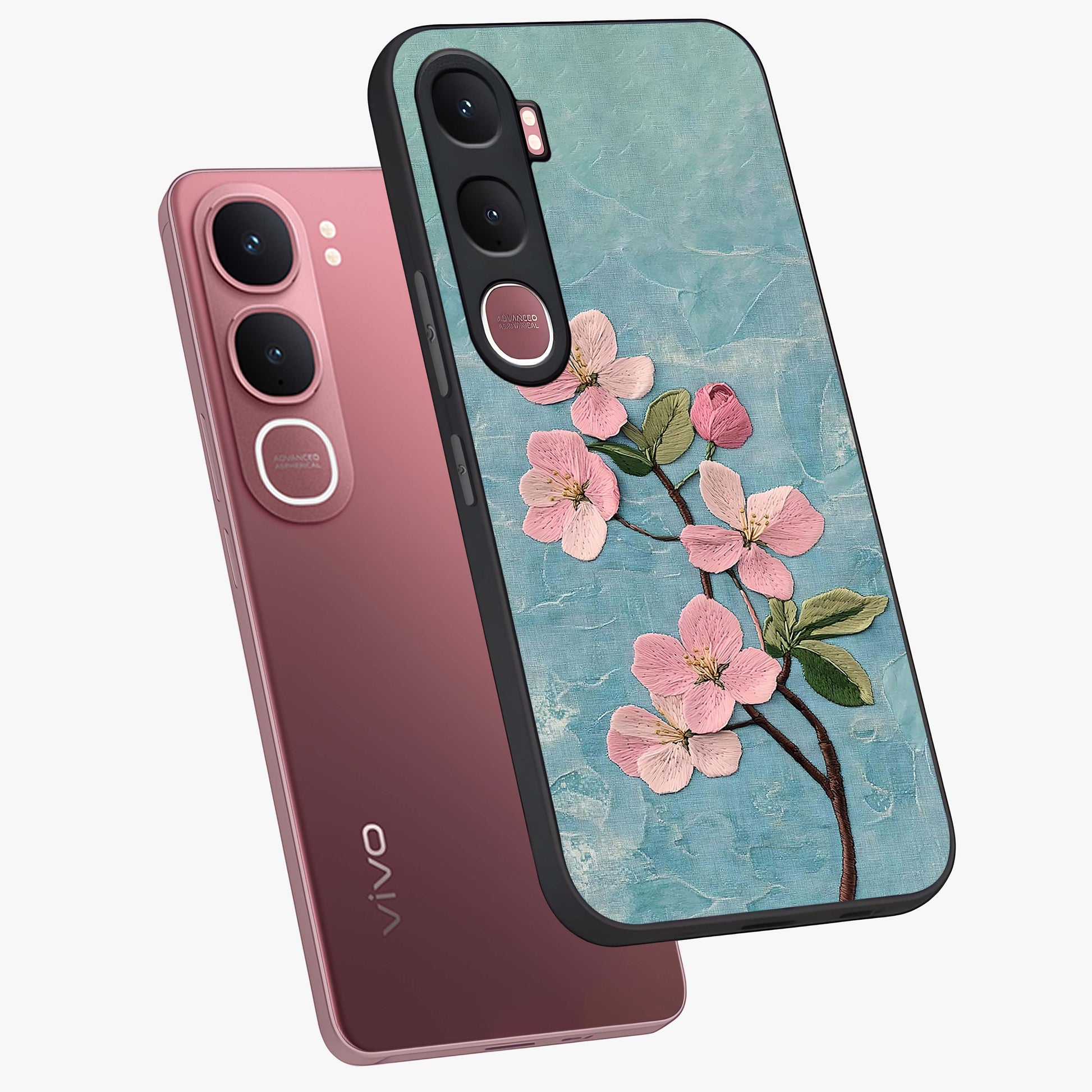 Threaded Blossom Breeze Glass Case displayed in angled mockup highlighting elegant floral design with soft aesthetic style.