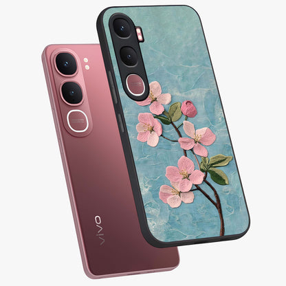 Threaded Blossom Breeze Glass Case displayed in angled mockup highlighting elegant floral design with soft aesthetic style.
