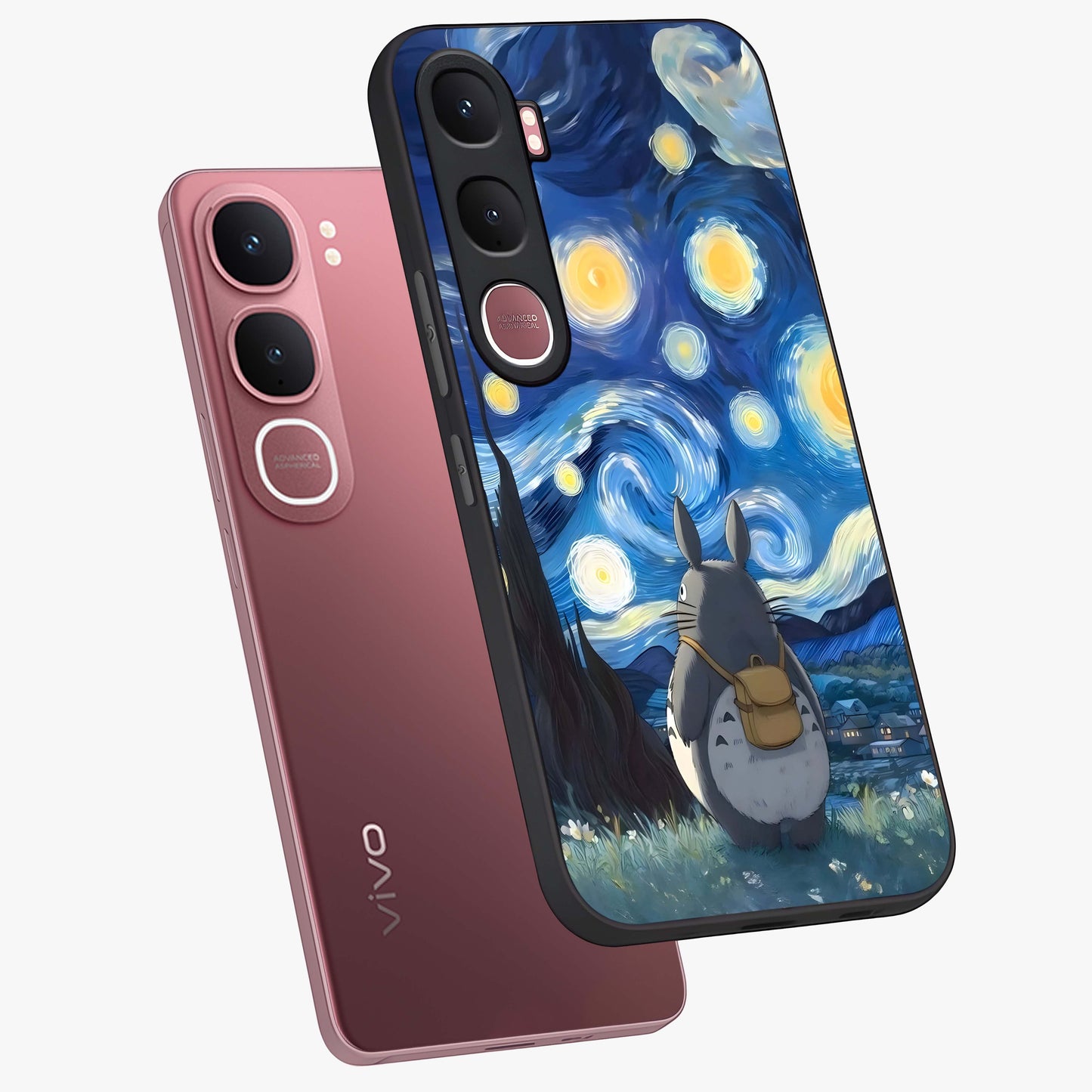 Totoro In Van Gogh Art Glass Case displayed in angled mockup highlighting artistic swirling sky design with playful animation aesthetic.