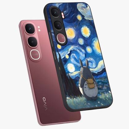 Totoro In Van Gogh Art Glass Case displayed in angled mockup highlighting artistic swirling sky design with playful animation aesthetic.