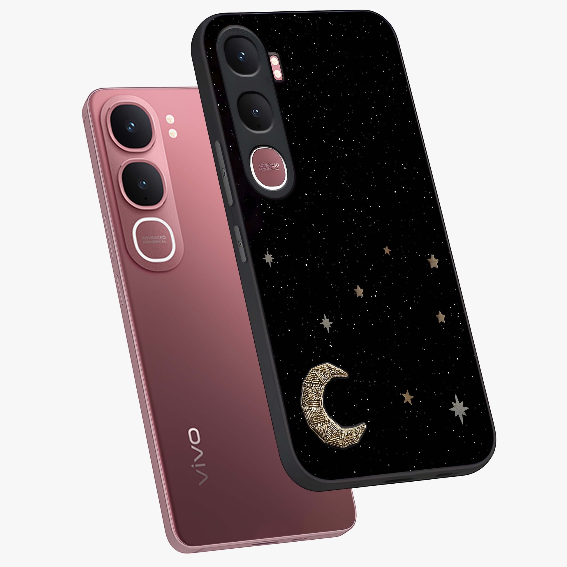 Twinkle Star With Half Moon Glass Case displayed in angled mockup highlighting celestial moon and star design with magical aesthetic.
