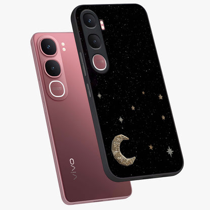 Twinkle Star With Half Moon Glass Case displayed in angled mockup highlighting celestial moon and star design with magical aesthetic.