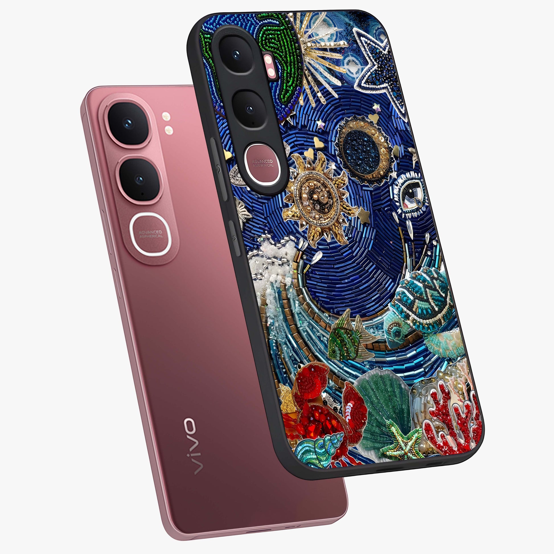 Universe Underwater Spark Glass Case displayed in angled mockup highlighting glowing aquatic design with celestial aesthetic.