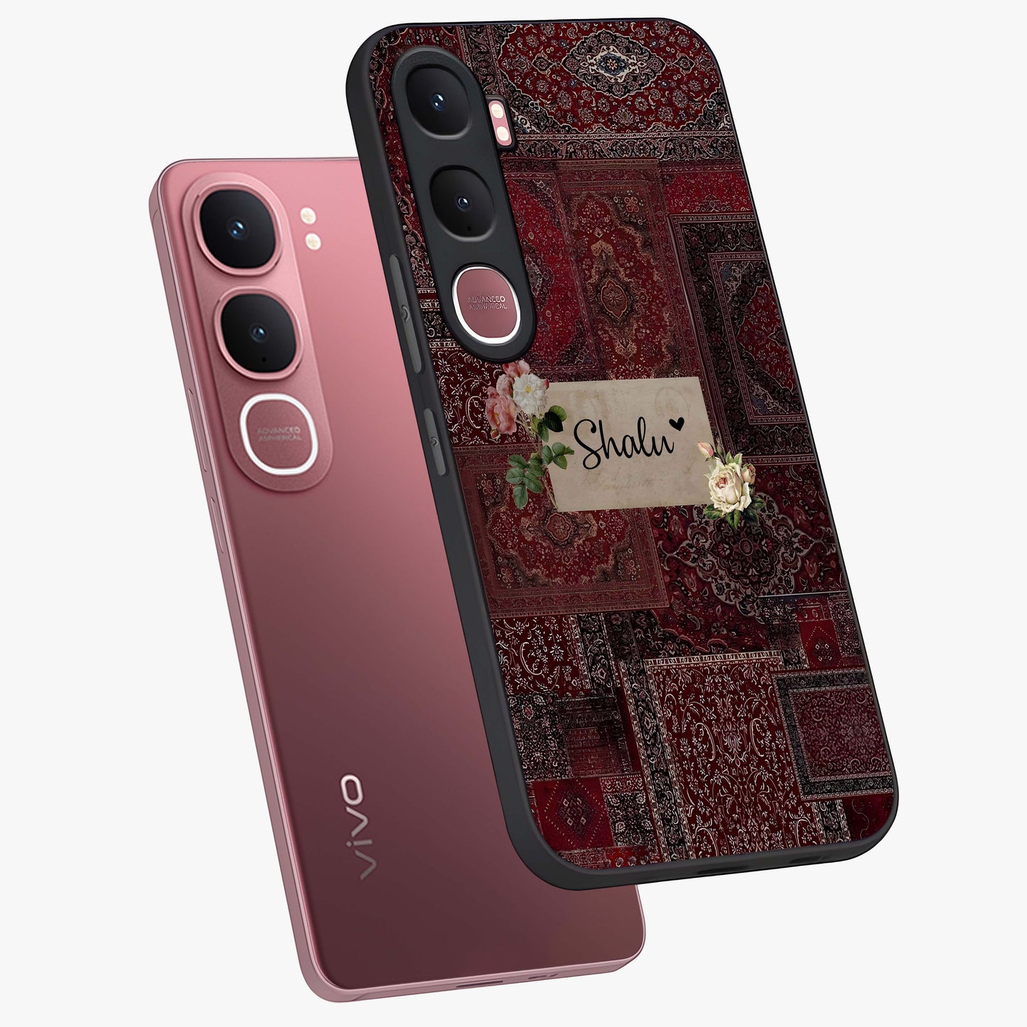 Velvet Wine Pattern Custom Name Glass Case displayed in angled mockup highlighting decorative velvet inspired design with custom name feature.