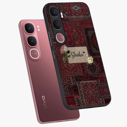 Velvet Wine Pattern Custom Name Glass Case displayed in angled mockup highlighting decorative velvet inspired design with custom name feature.