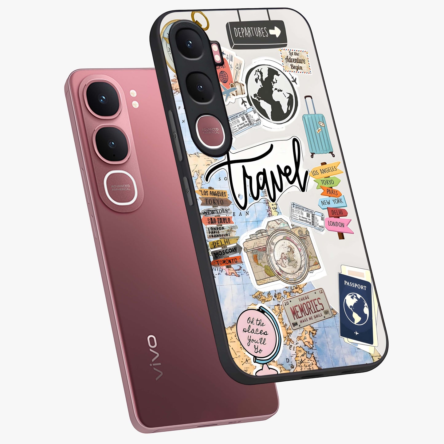 Wanderlust Journal Glass Case displayed in angled mockup highlighting adventure themed design with aesthetic travel vibe.