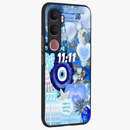 Aesthetic Be Kind Eye Glass Case upright view showcasing stylish eye illustration with positive message theme.