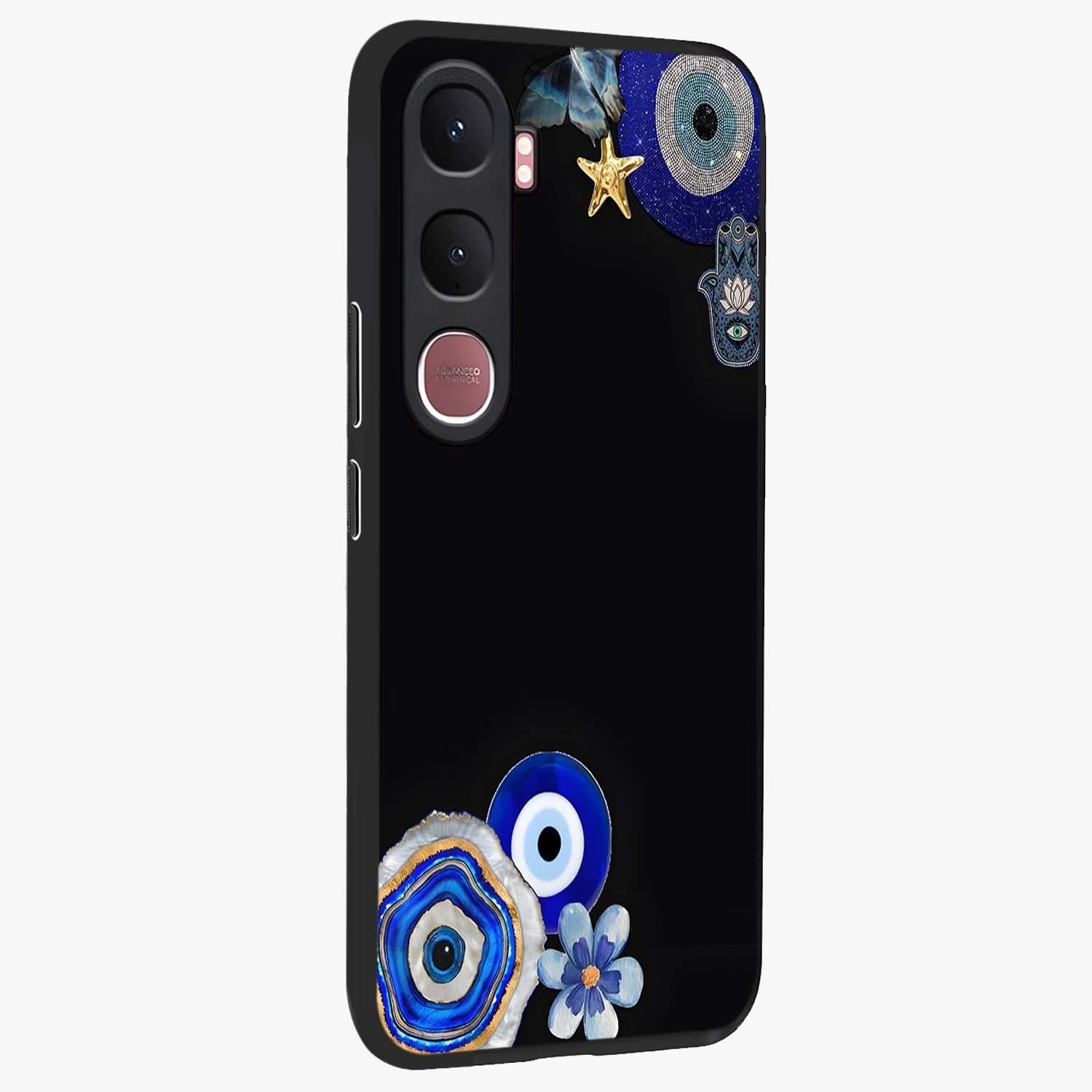 Aesthetic Blue Evil Eye Glass Case upright view showcasing mystical evil eye graphic with minimal aesthetic style.