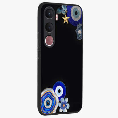Aesthetic Blue Evil Eye Glass Case upright view showcasing mystical evil eye graphic with minimal aesthetic style.
