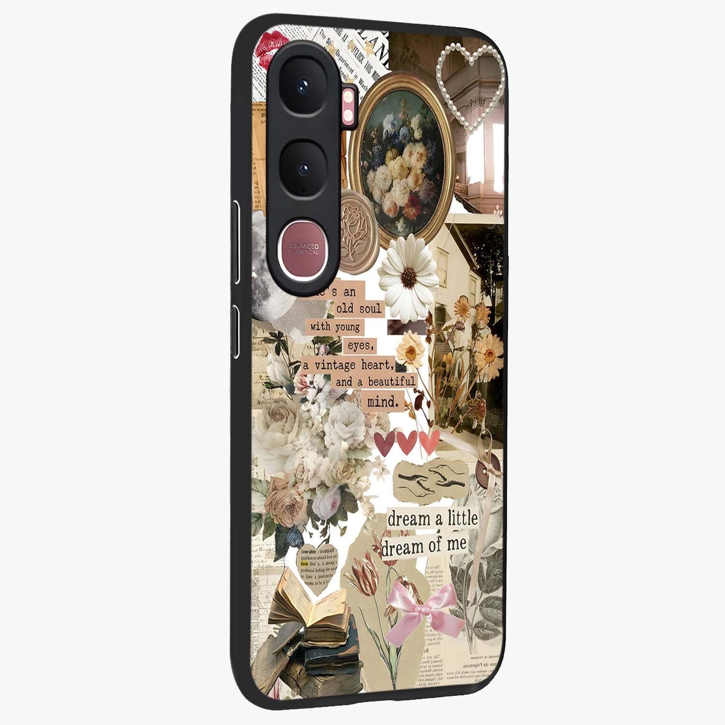 Aesthetic Brown Vintage Collage Glass Case upright view showcasing nostalgic retro artwork with stylish vintage theme.