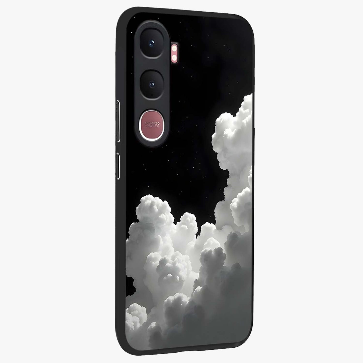 Black Background With White Cloud Glass Case upright view showcasing calm cloud aesthetic with modern minimal style.