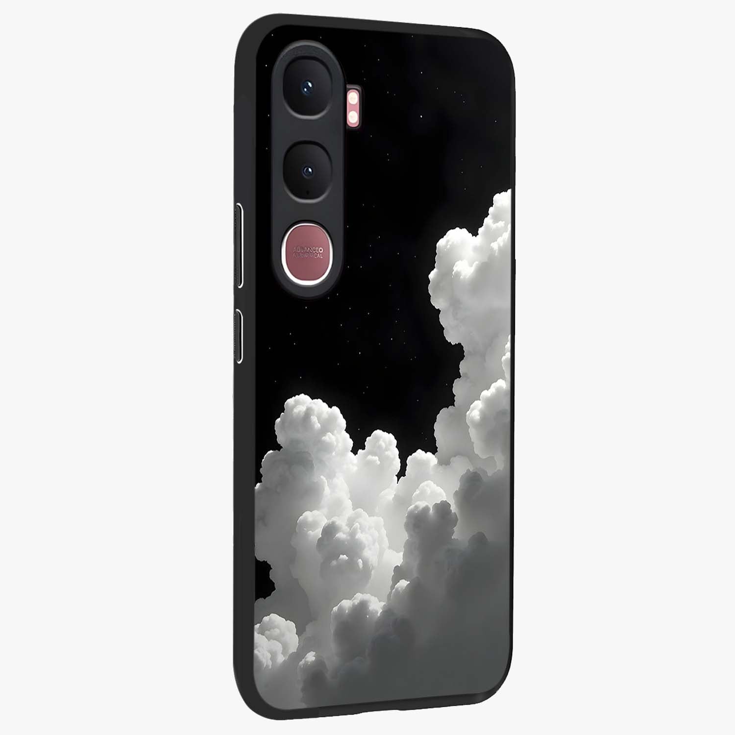 Black Background With White Cloud Glass Case upright view showcasing calm cloud aesthetic with modern minimal style.