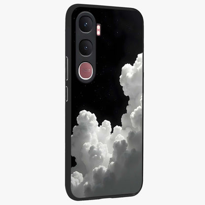 Black Background With White Cloud Glass Case upright view showcasing calm cloud aesthetic with modern minimal style.