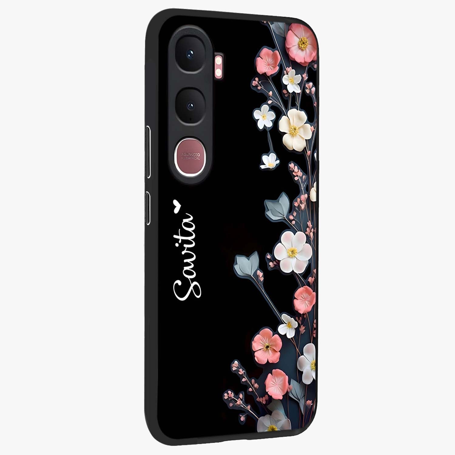 Black Elegance Floral Custom Name Glass Case upright view showcasing luxurious black floral design with personalized name detail.