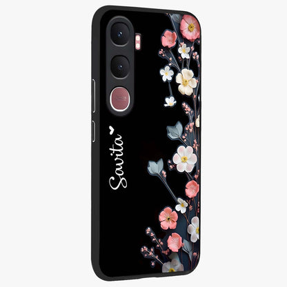 Black Elegance Floral Custom Name Glass Case upright view showcasing luxurious black floral design with personalized name detail.