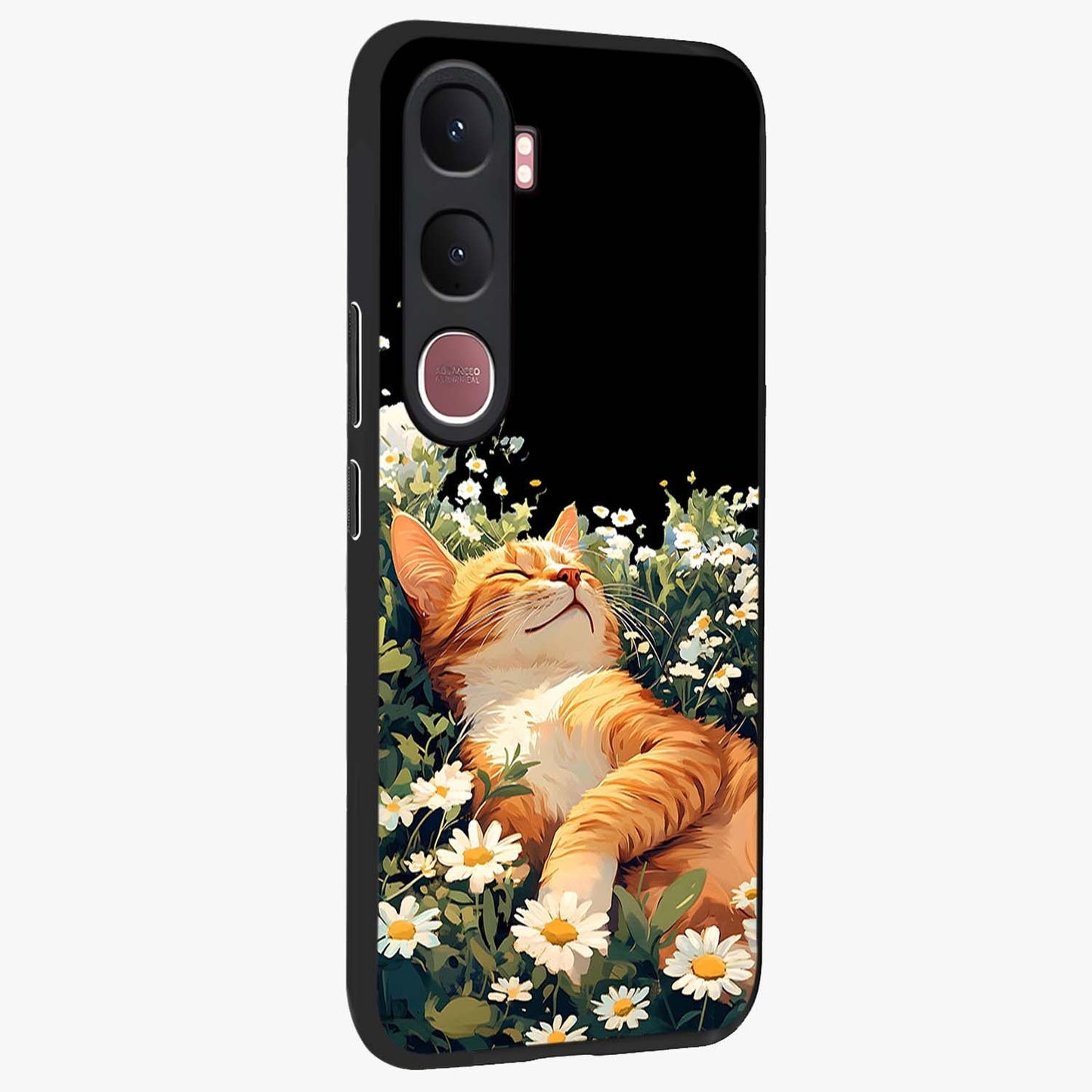 Blissful Bloom Cat Glass Case upright view showcasing charming cat design surrounded by blooming floral elements.