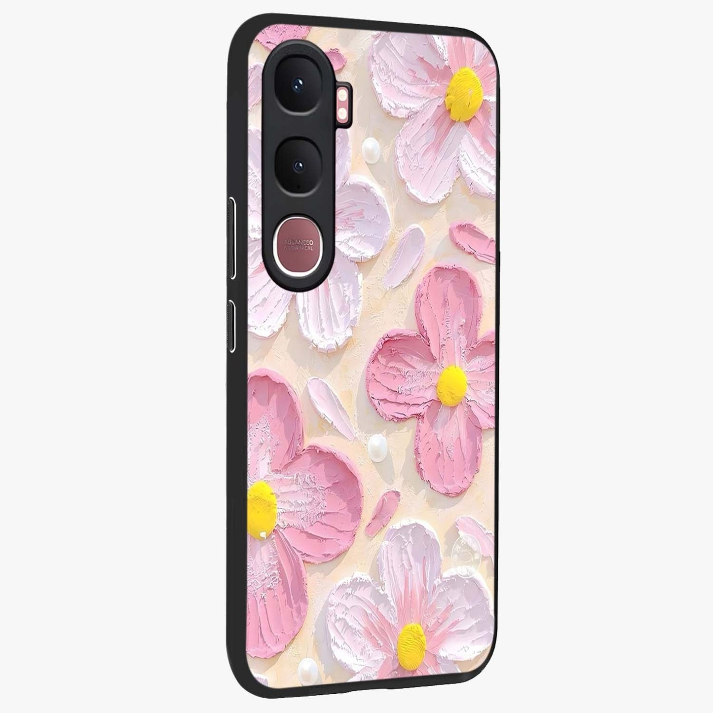Blush Bloom Texture Glass Case upright view showcasing delicate blush floral texture with modern minimal style.