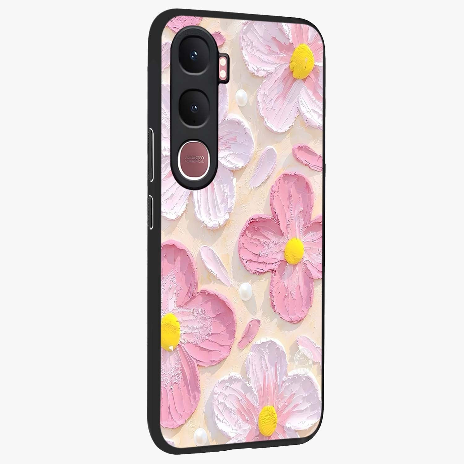 Blush Bloom Texture Glass Case upright view showcasing delicate blush floral texture with modern minimal style.