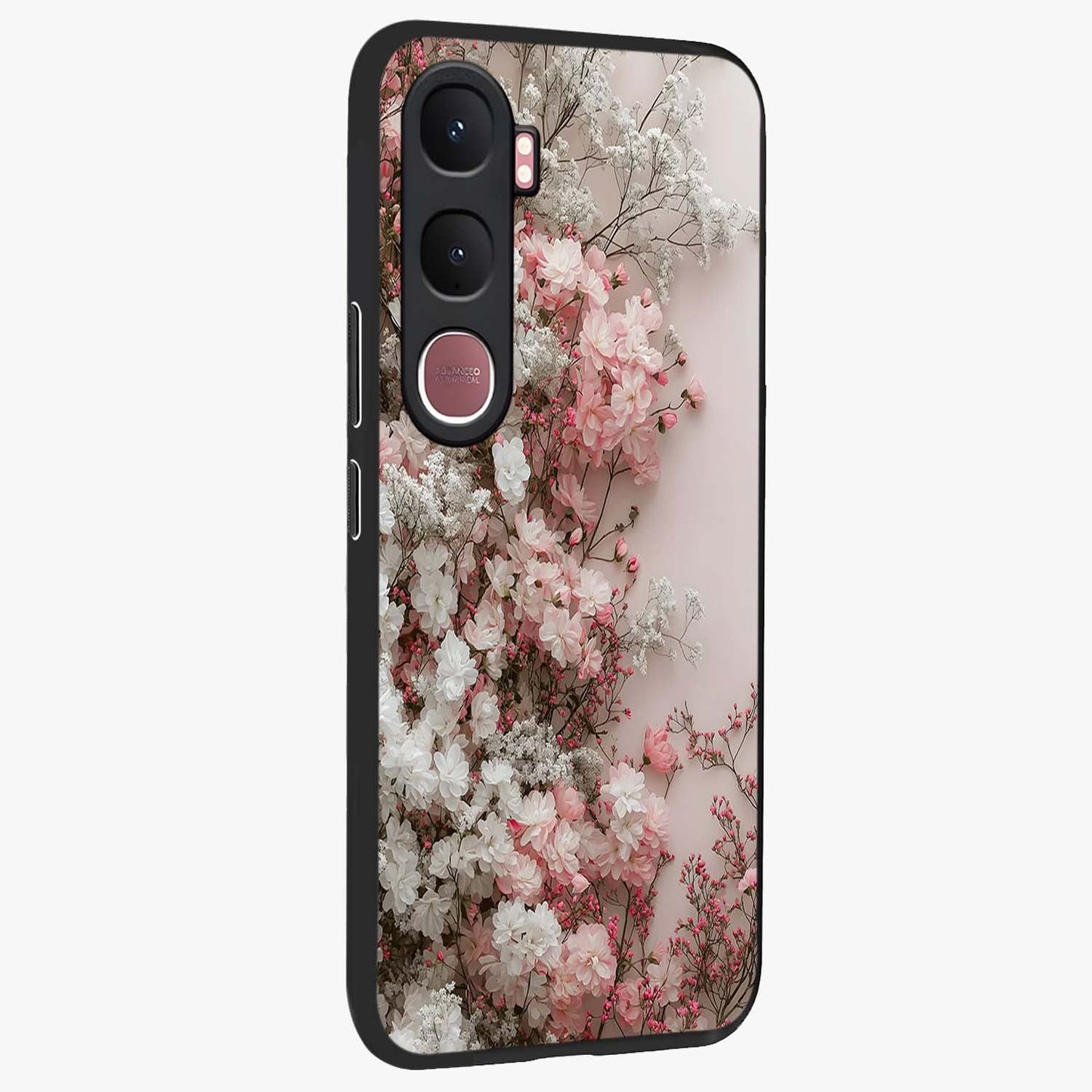 Blush Blossom Cloud Glass Case upright view showcasing calm floral cloud artwork with gentle dreamy theme.