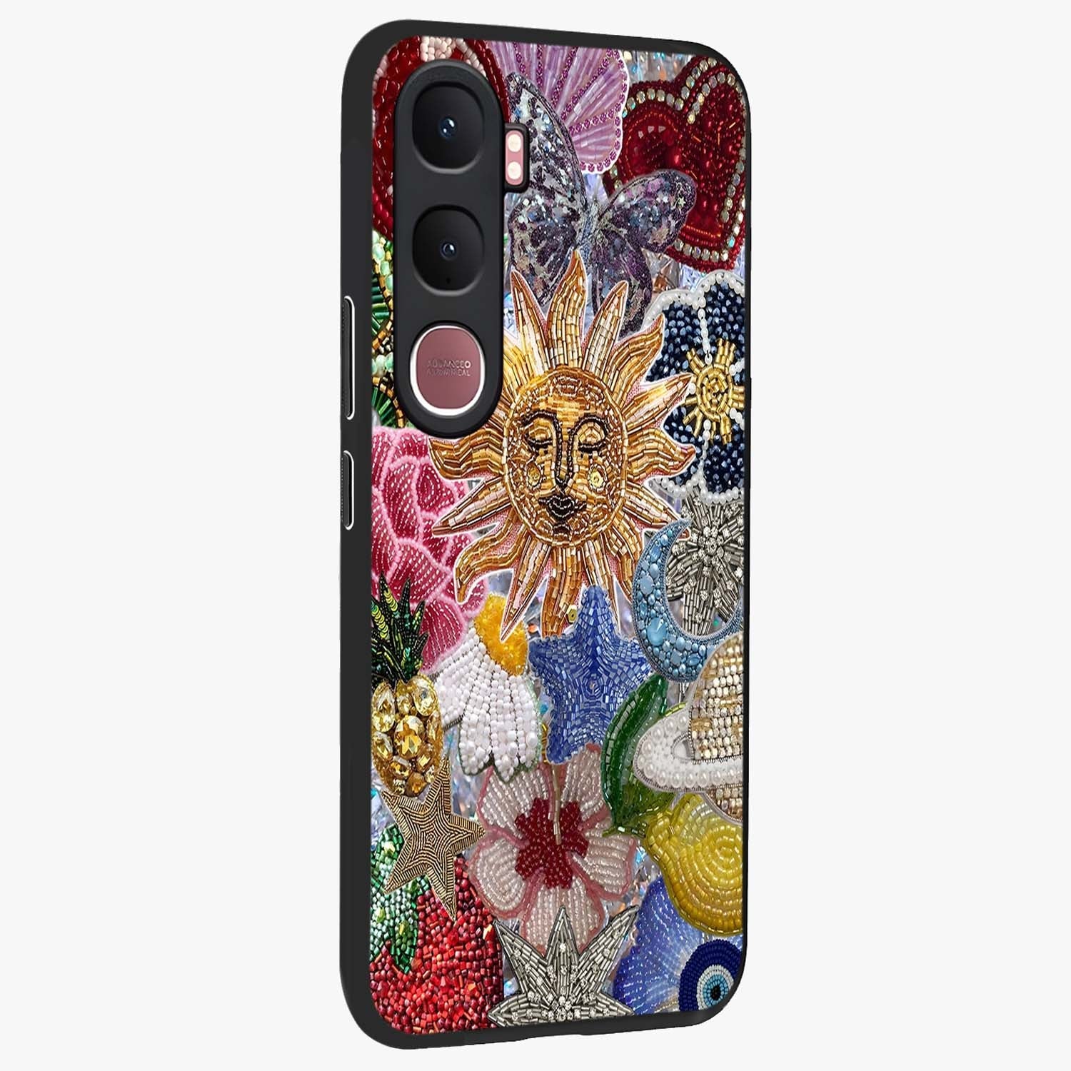 Celestial Floral and Playful Glass Case upright view showcasing whimsical floral artwork with cosmic aesthetic theme.