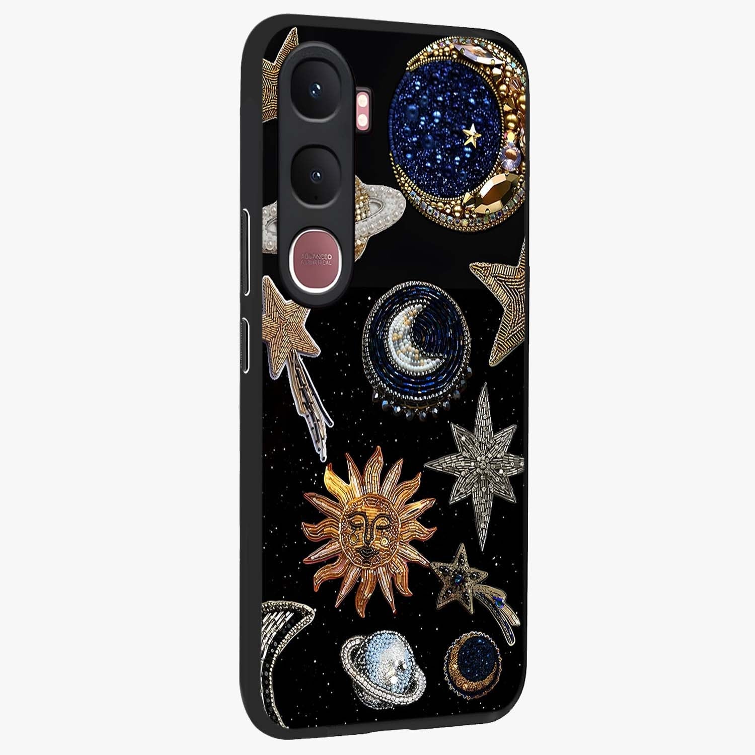 Celestial Gem Constellations Glass Case upright view showcasing cosmic constellation artwork with celestial aesthetic style.