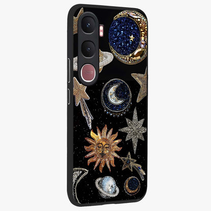 Celestial Gem Constellations Glass Case upright view showcasing cosmic constellation artwork with celestial aesthetic style.