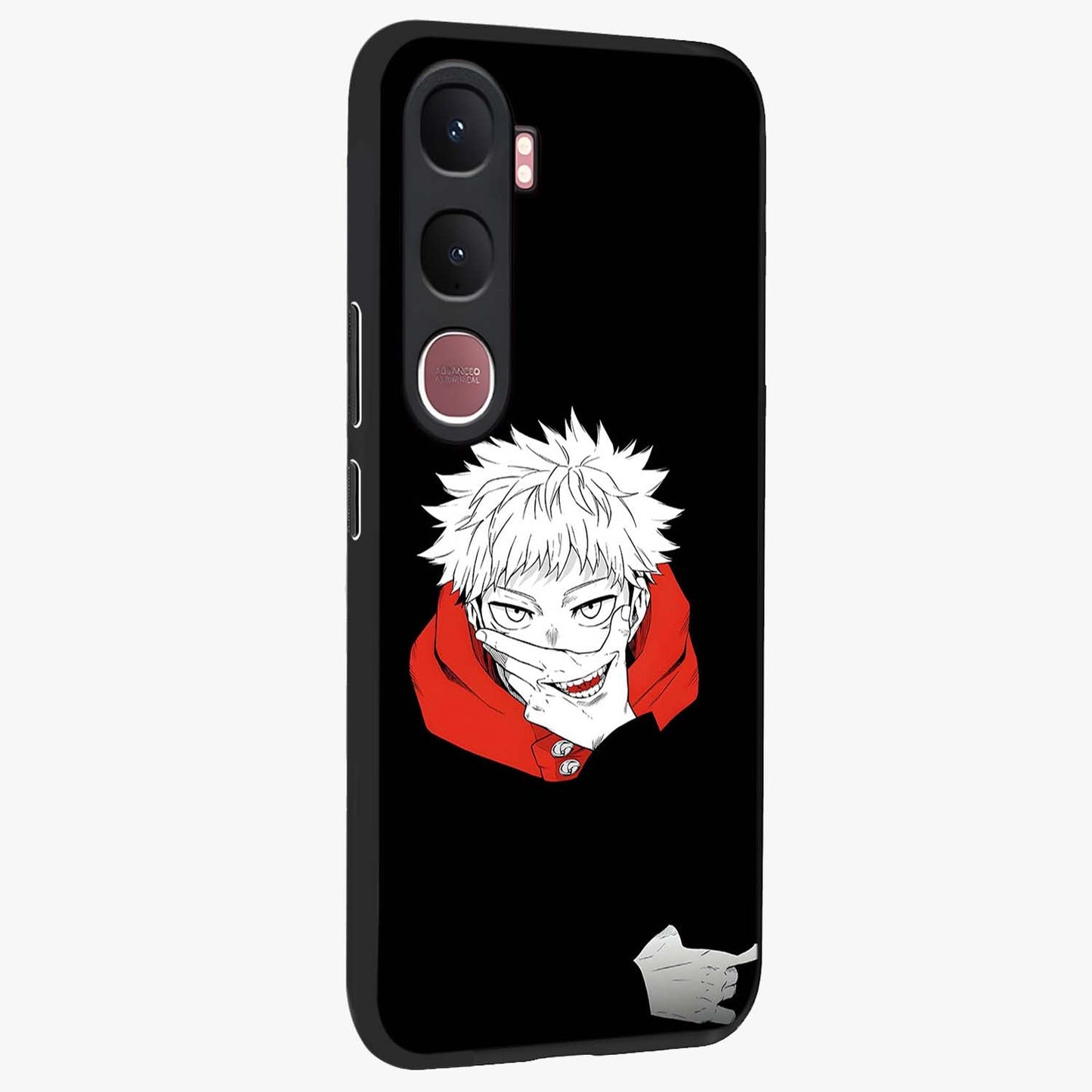 Crimson Chaos Smile Glass Case upright view showcasing expressive chaotic artwork with striking visual theme.