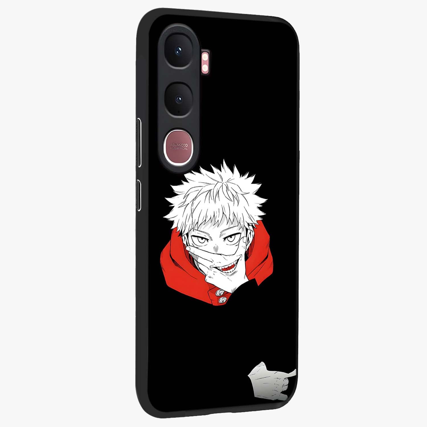 Crimson Chaos Smile Glass Case upright view showcasing expressive chaotic artwork with striking visual theme.