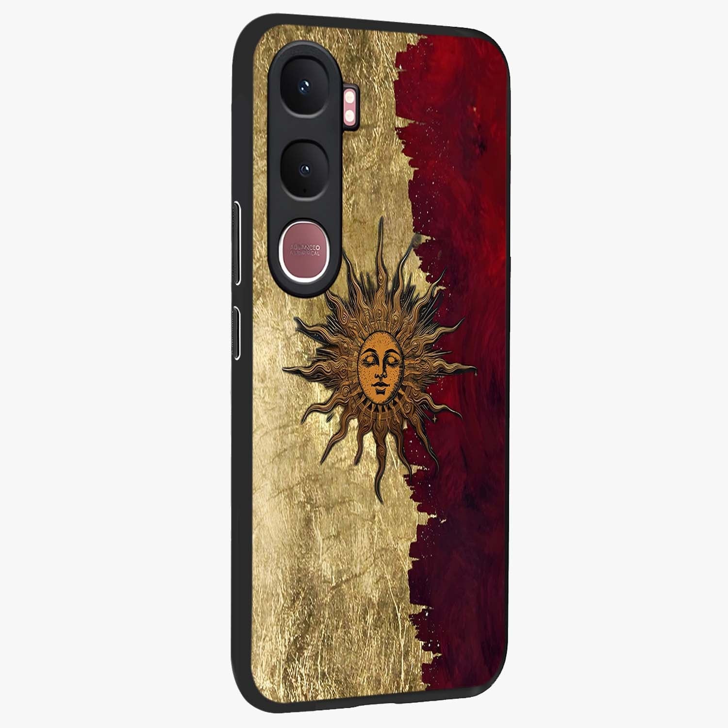Crimson Sun Majesty Glass Case upright view showcasing vibrant sun artwork with powerful celestial theme.
