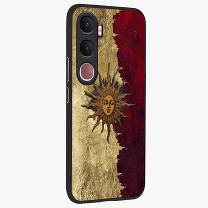 Crimson Sun Majesty Glass Case upright view showcasing vibrant sun artwork with powerful celestial theme.