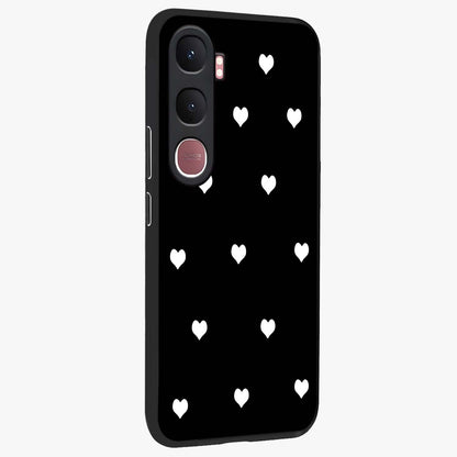 Cute And Simple White Hearts Glass Case upright view showcasing simple white hearts artwork with soft minimal theme.