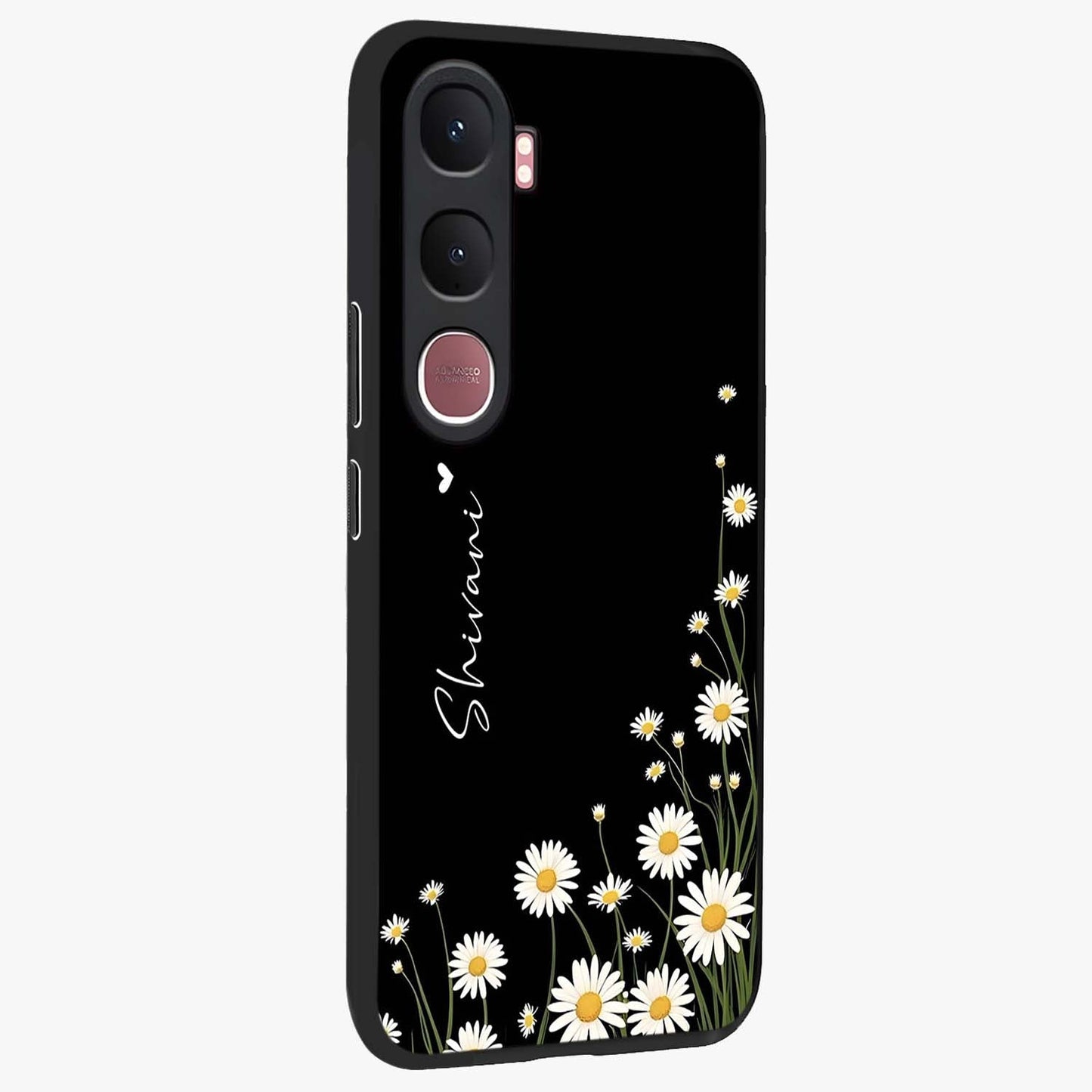 Daisy Cascade Custom Name Glass Case upright view showcasing elegant floral cascade design with personalized aesthetic.