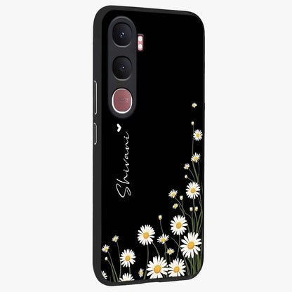Daisy Cascade Custom Name Glass Case upright view showcasing elegant floral cascade design with personalized aesthetic.