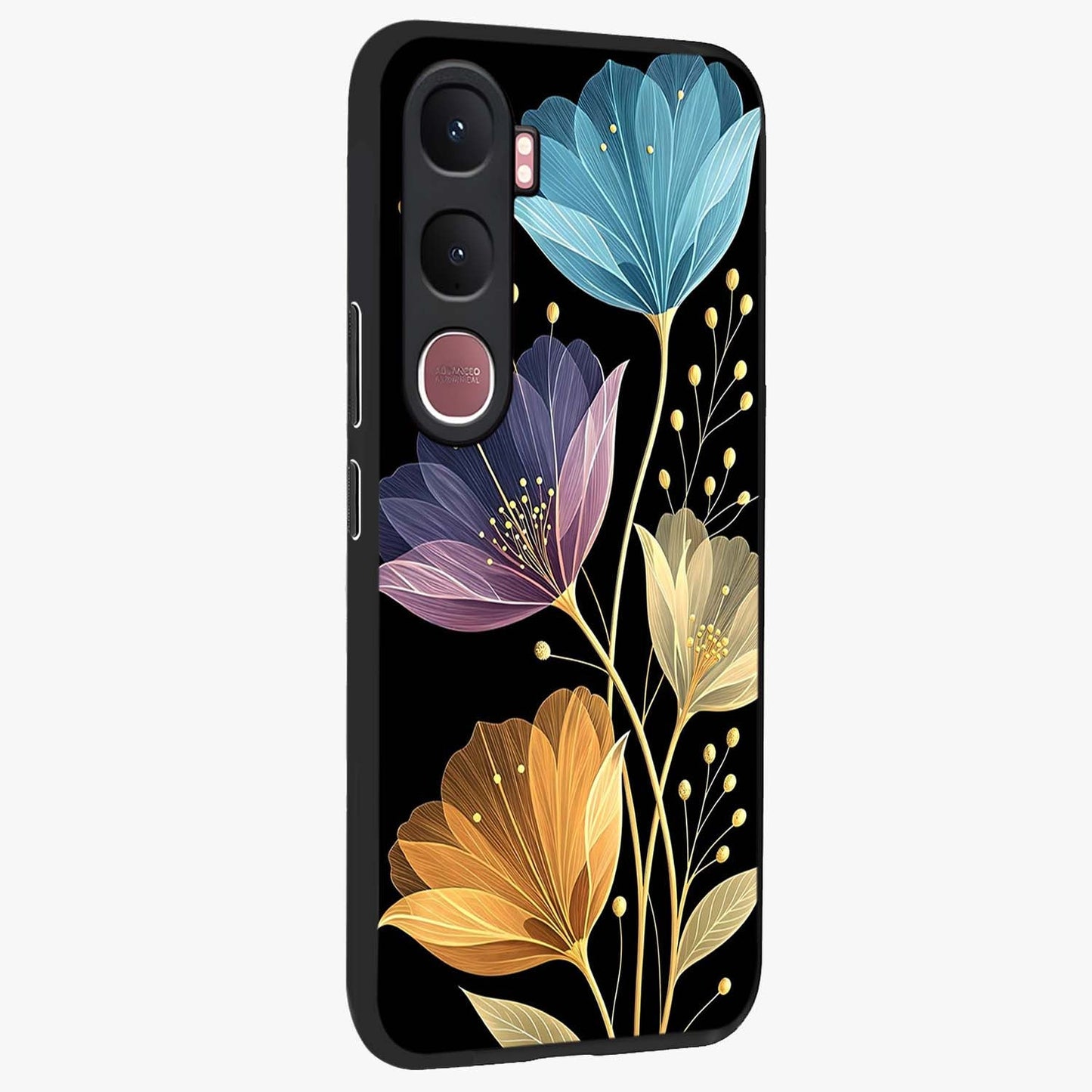 Delicate Multicolor Flowers Glass Case upright view showcasing delicate floral artwork with bright botanical theme.