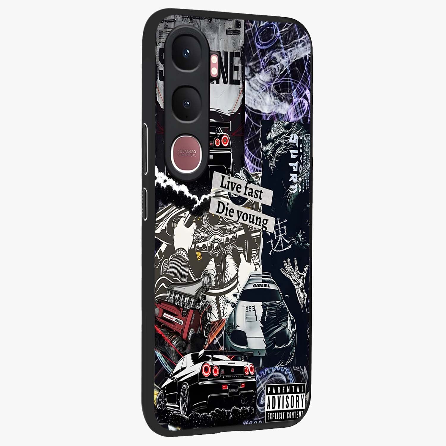 Die Young Glass Case upright view showcasing striking typography artwork with modern statement theme.